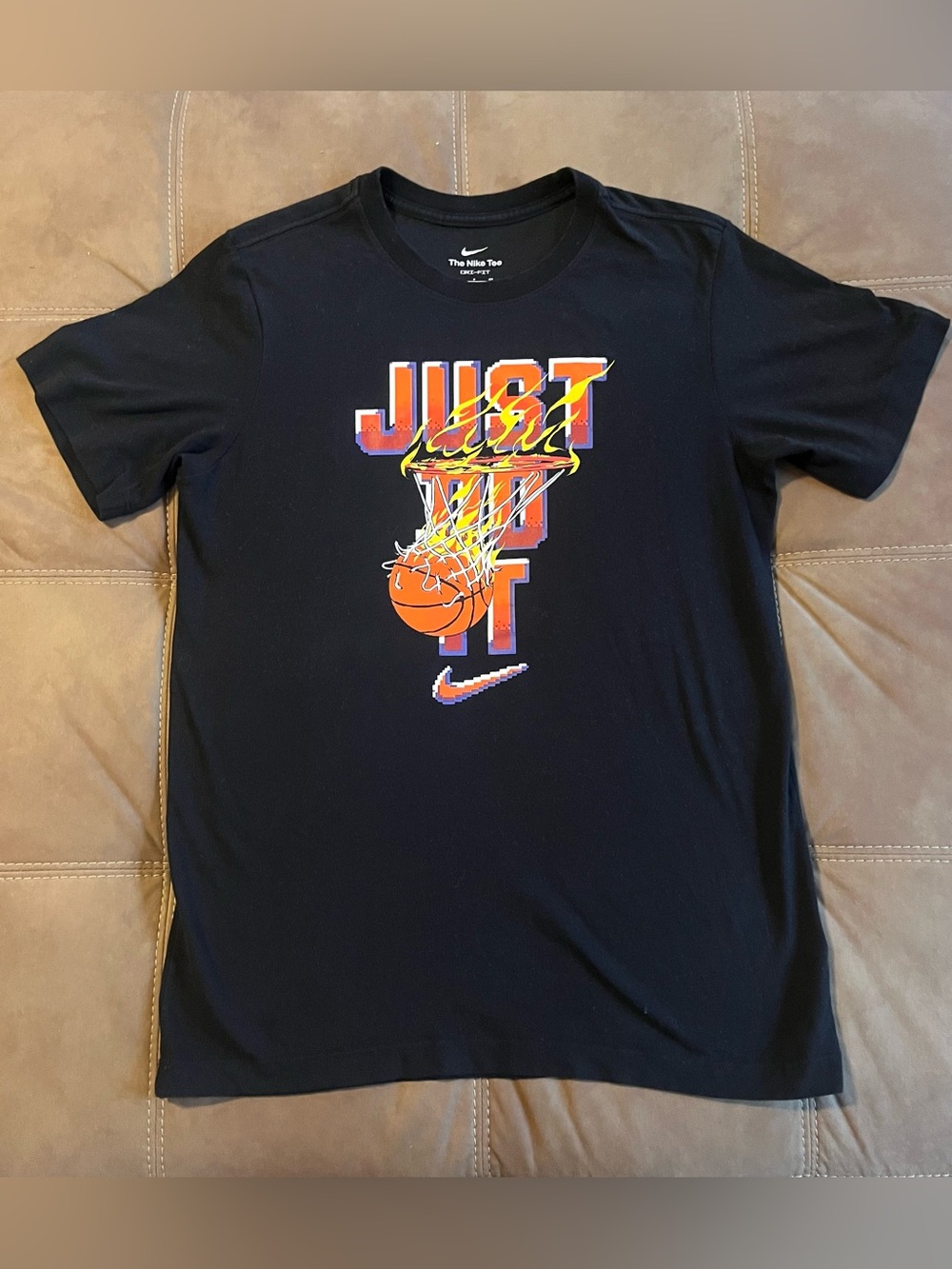 Nike Black Short Sleeve Tee with Orange Basketball Graphic and Yellow Accents